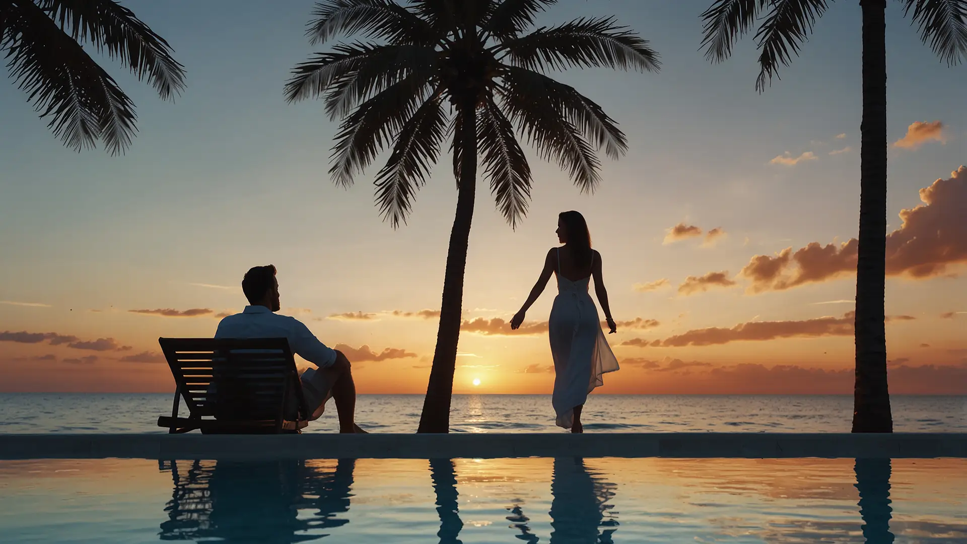 A sugar daddy and his partner relaxing together on a beach at sunset, representing the companionship side of a sugar dating relationship